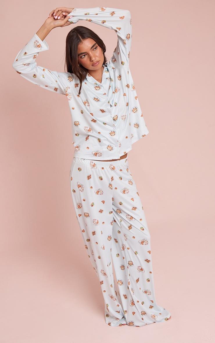 Pretty Little Thing Blue Breakfast Printed Long Sleeve Button Through PJ Set