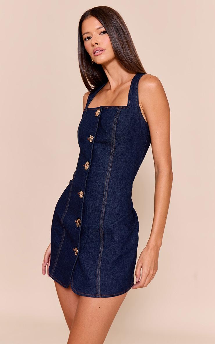 Pretty Little Thing Blue Chambray Gold Button Detail Square Neck Bodycon Dress