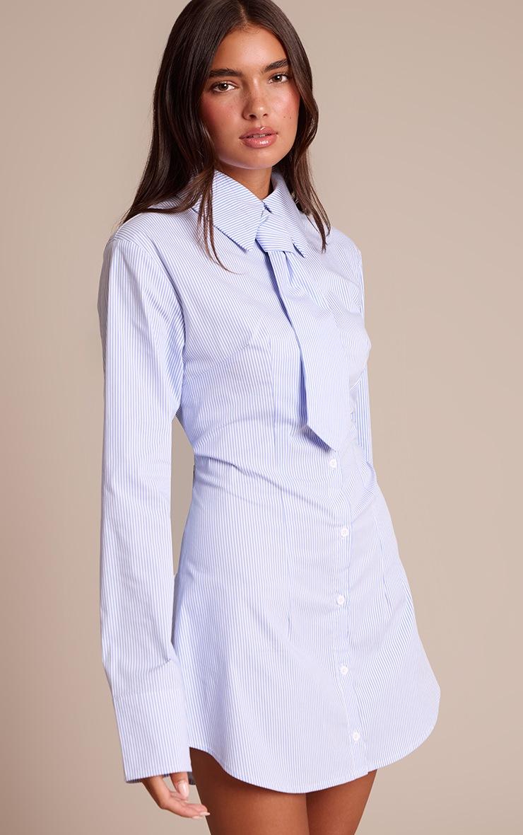 Pretty Little Thing Blue Pinstripe Tie Detail Button Down Shirt Dress