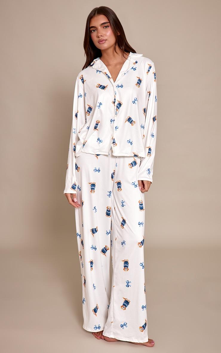 Pretty Little Thing Blue Puppy Print Long Sleeve Button Through Pj Set