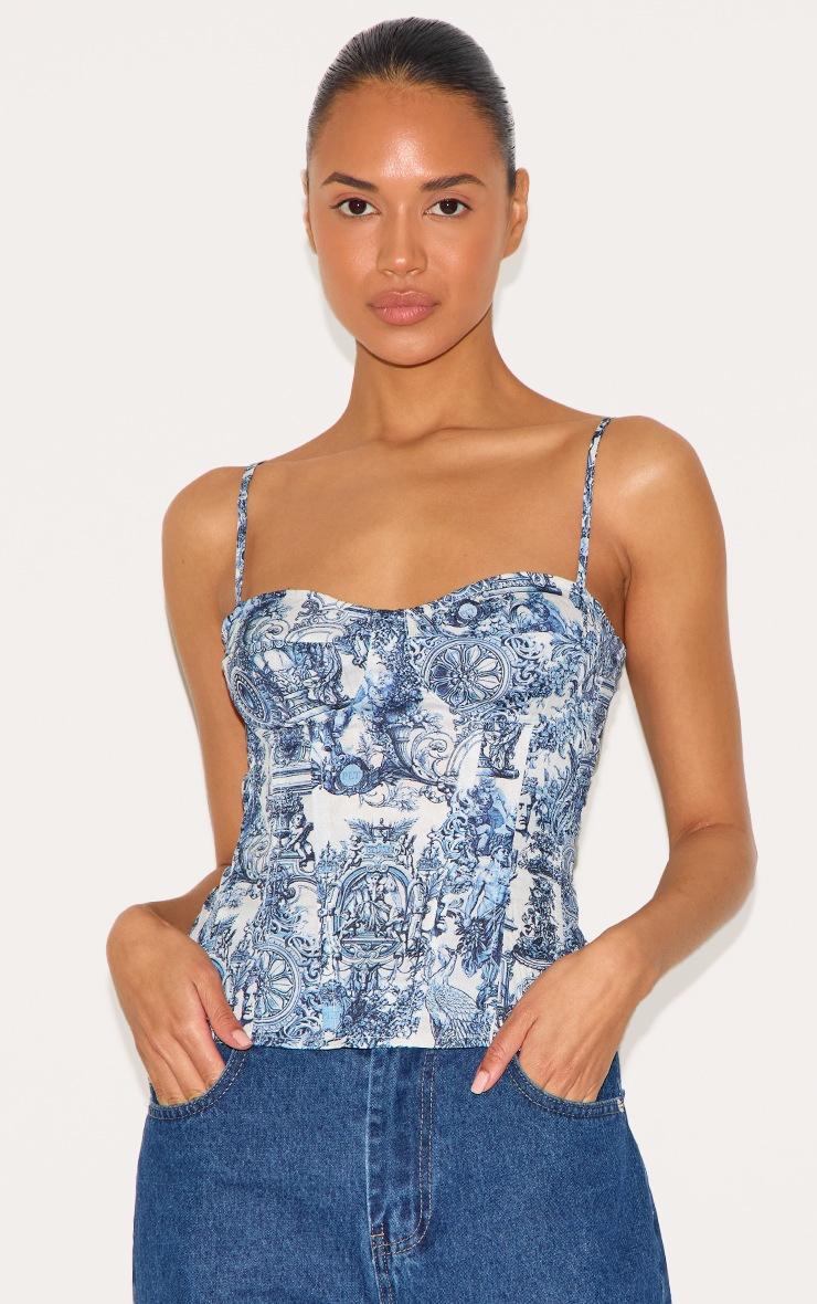 Pretty Little Thing Blue Renaissance Print Structured Corset Top
