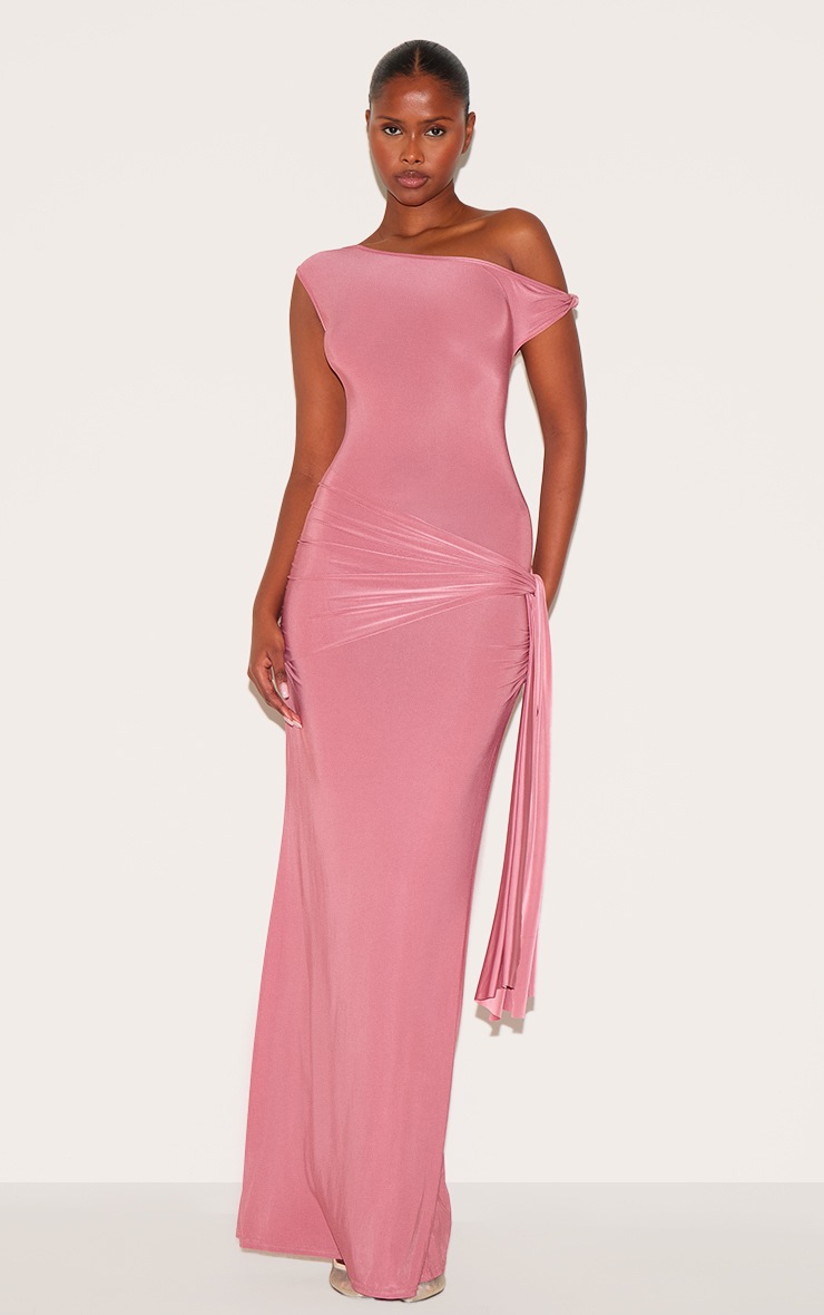 Pretty Little Thing Blush Rose Slinky Off Shoulder Wrap Detail Maxi Dress