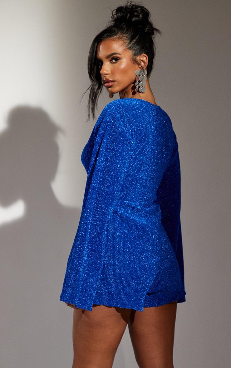 Pretty Little Thing Bright Blue Glitter Plisse Flare Sleeve Cut Out Romper