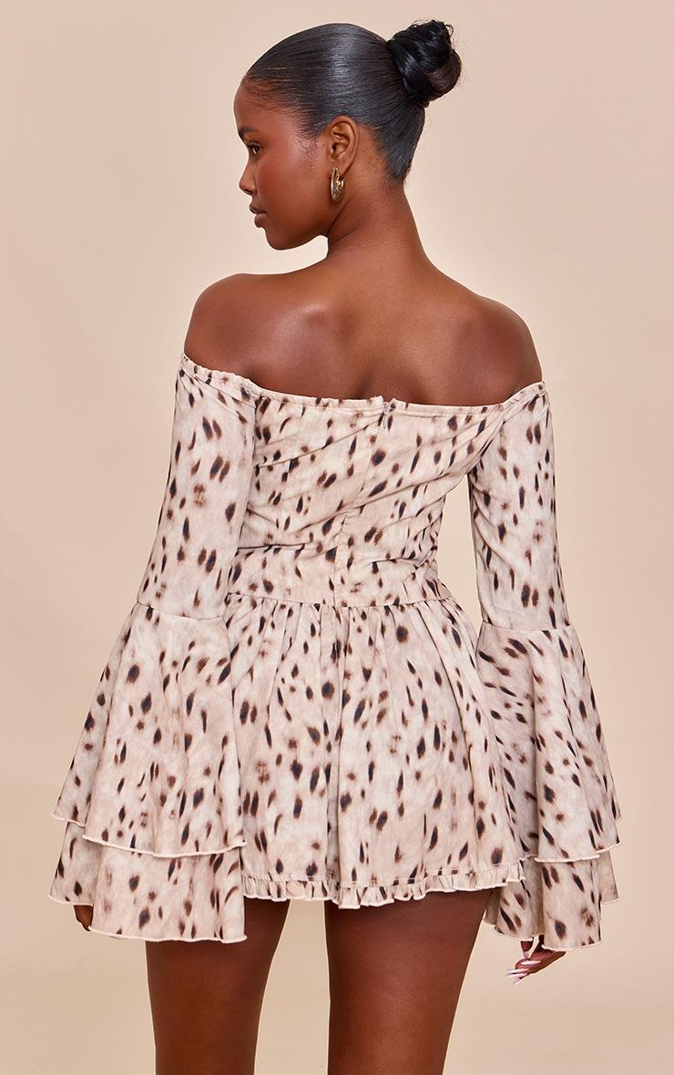 Pretty Little Thing Brown Abstract Print Bardot Flare Sleeve Romper