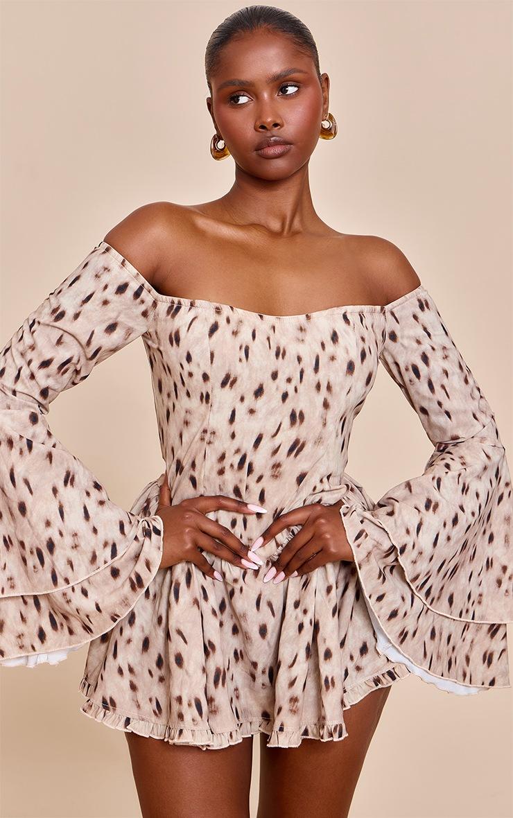Pretty Little Thing Brown Abstract Print Bardot Flare Sleeve Romper