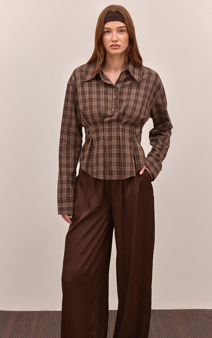 Pretty Little Thing Brown Check Pleated Cinched Waist Shirt
