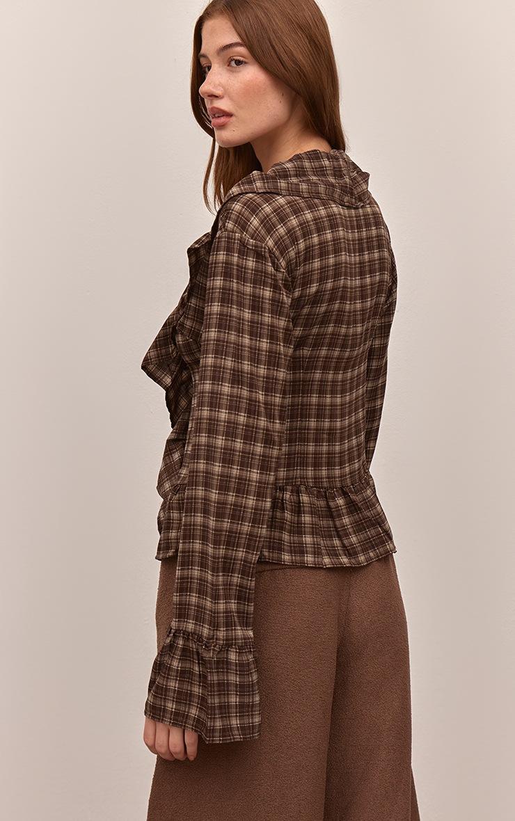 Pretty Little Thing Brown Check Print Ruffle Blouse