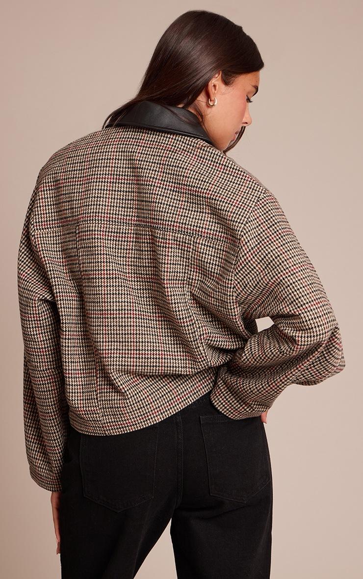 Pretty Little Thing Brown Checked PU Collar Zip Up Jacket