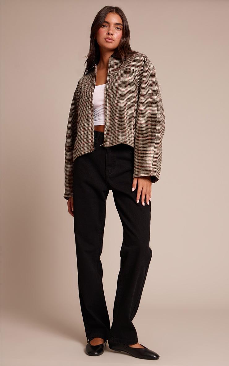 Pretty Little Thing Brown Checked PU Collar Zip Up Jacket