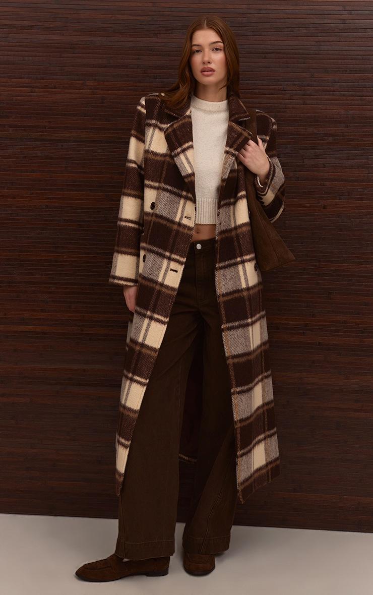 Pretty Little Thing Brown Checked Structured Double Breasted Wool Look Maxi Coat