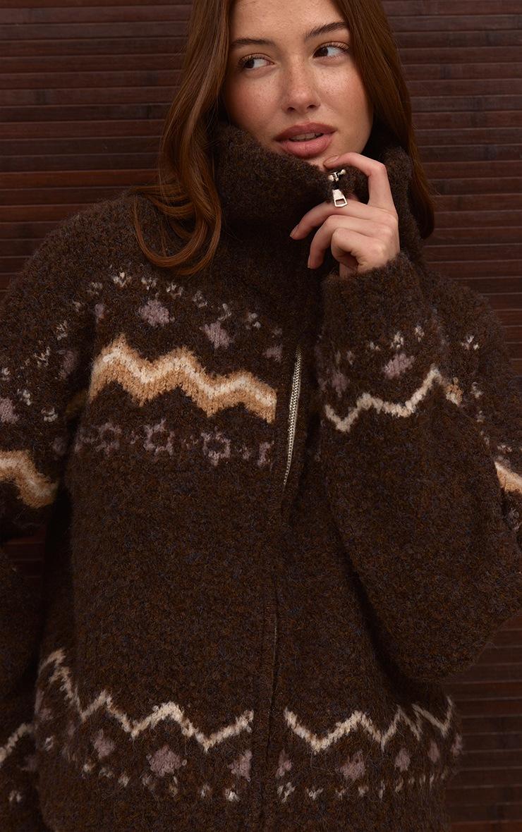 Pretty Little Thing Brown Fairisle Zip Knit Cardigan