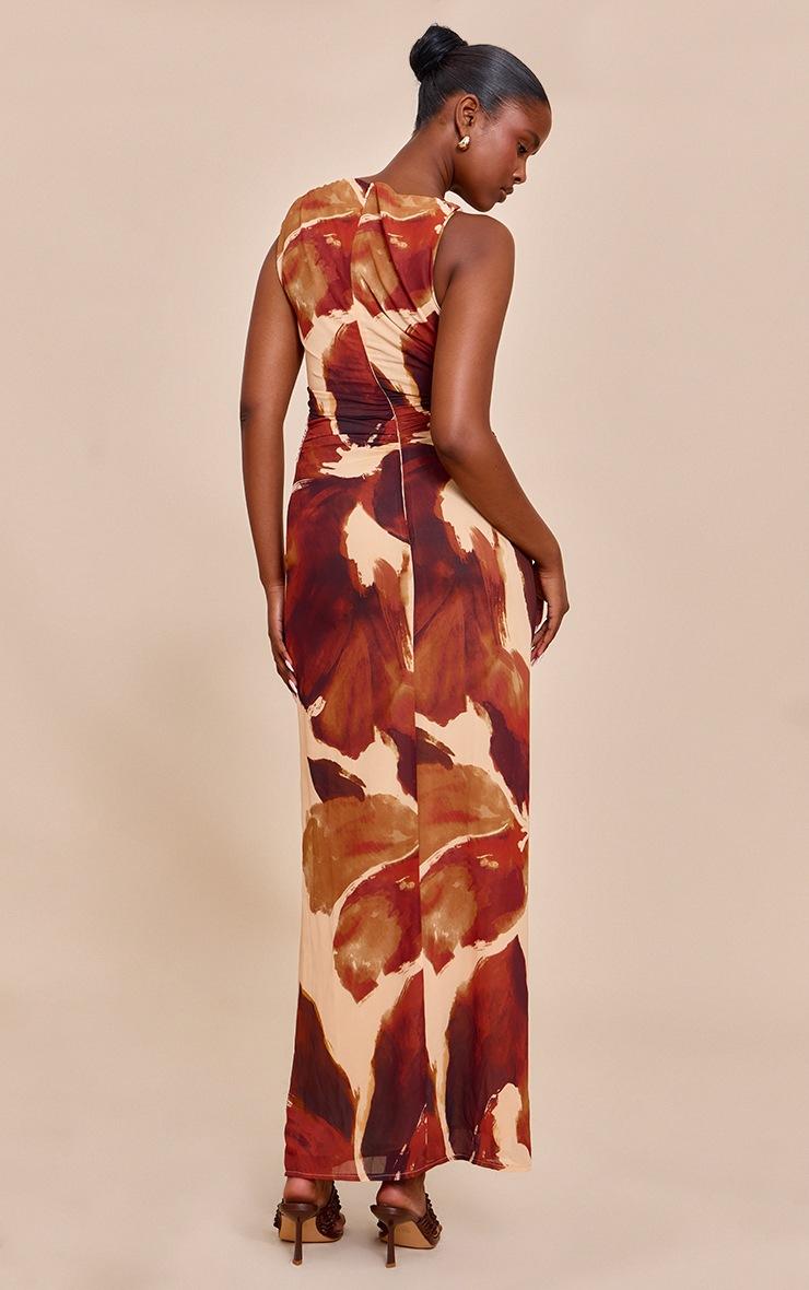 Pretty Little Thing Brown Floral Printed Floral Chiffon Ruched Maxi Dress