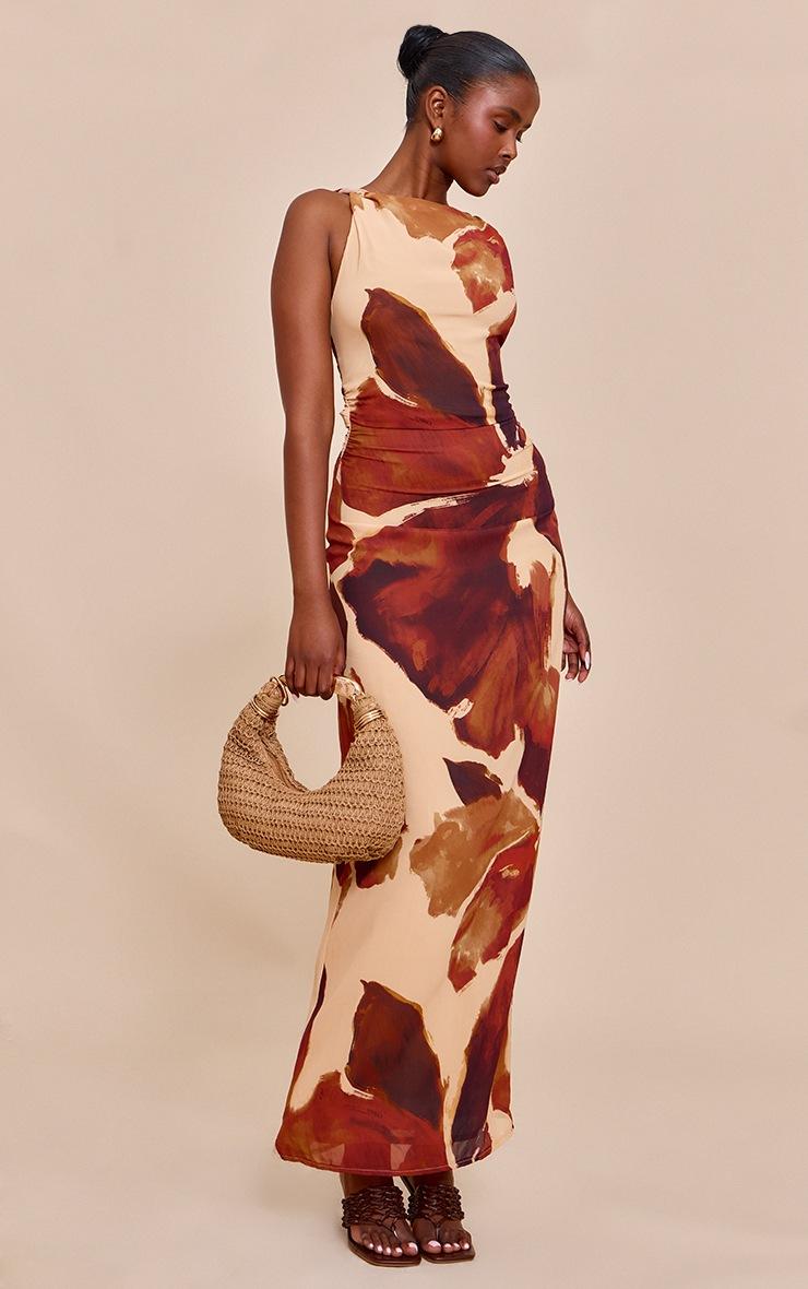 Pretty Little Thing Brown Floral Printed Floral Chiffon Ruched Maxi Dress