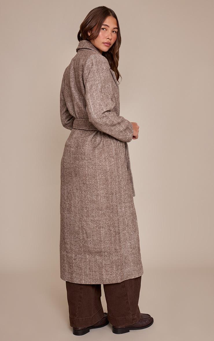 Pretty Little Thing Brown Herringbone Tie Waist Maxi Coat
