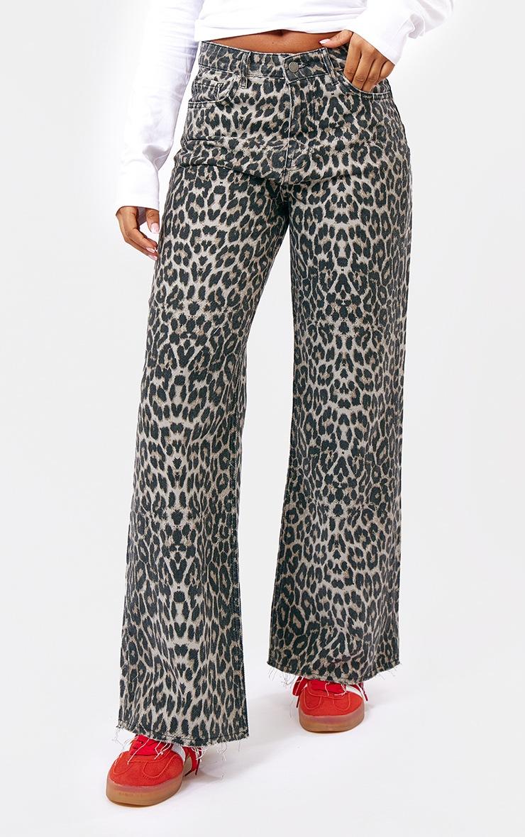 Pretty Little Thing Brown Leopard Print Denim Wide Leg Denim Jean