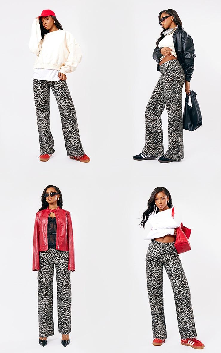 Pretty Little Thing Brown Leopard Print Denim Wide Leg Denim Jean