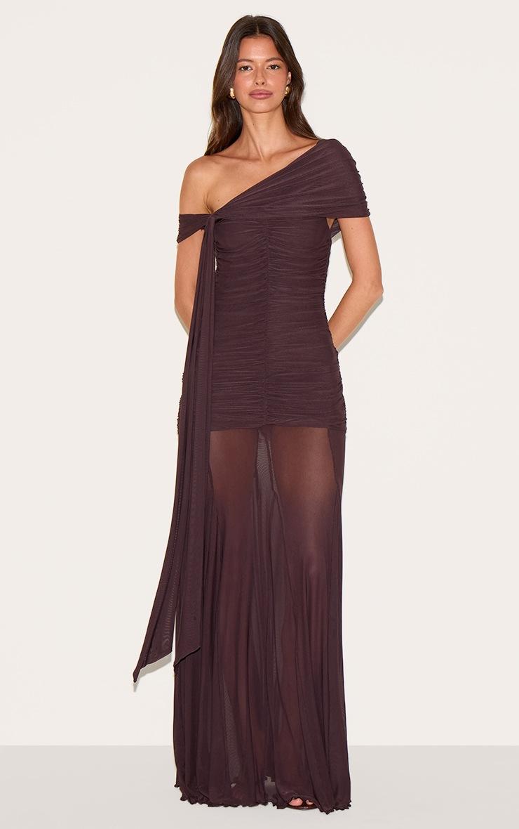 Pretty Little Thing Brown Lined Mesh Bardot Maxi Dress