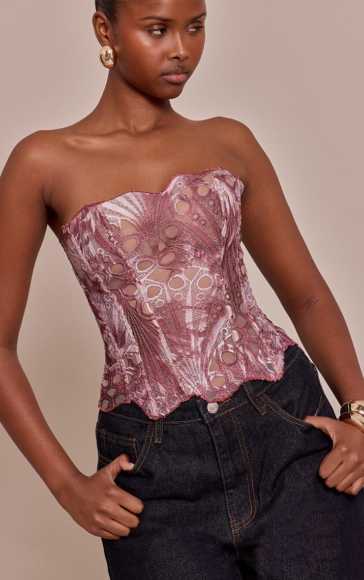 Pretty Little Thing Brown Multi Print Textured Sheer Floral Lace Corset