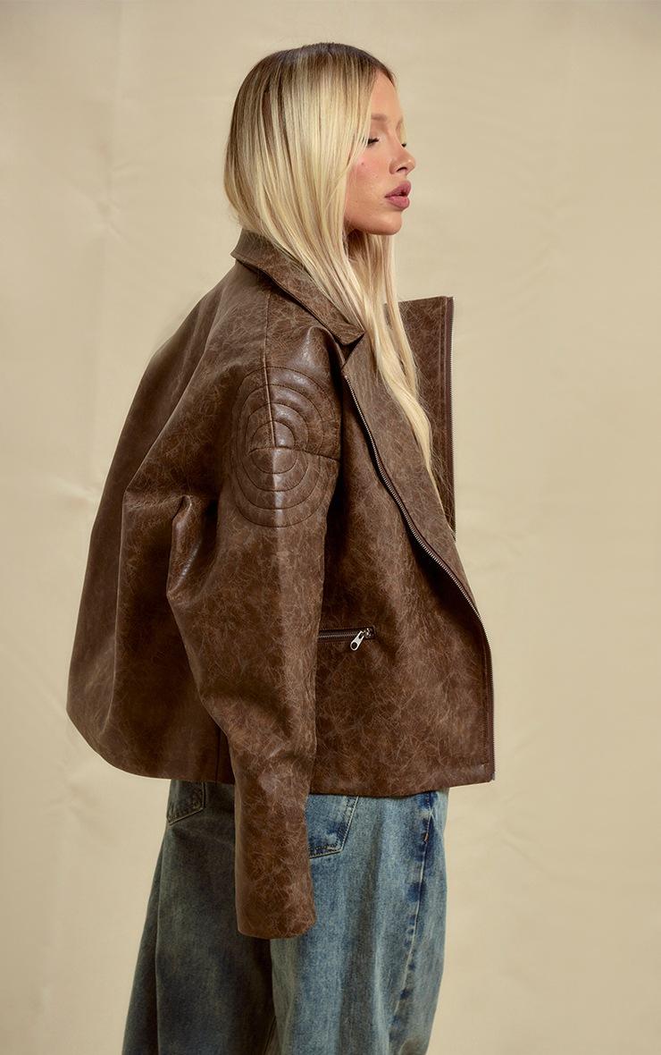 Pretty Little Thing Brown Oversized Faux Leather Distressed Look Biker Jacket
