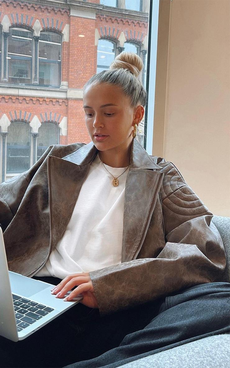 Pretty Little Thing Brown Oversized Faux Leather Distressed Look Biker Jacket