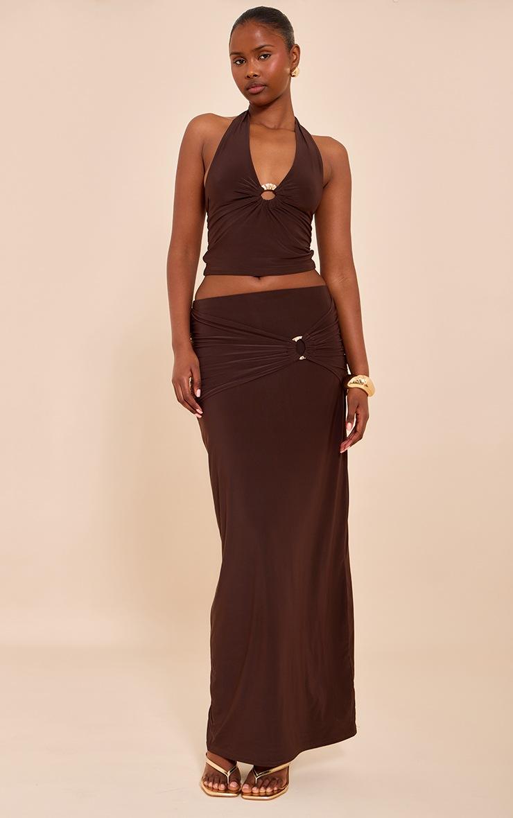 Pretty Little Thing Brown Ruched Detail Flowy Maxi Skirt
