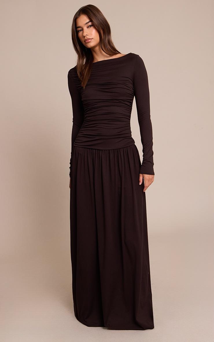 Pretty Little Thing Brown Soft Touch Jersey Ruched Long Sleeve Maxi Dress