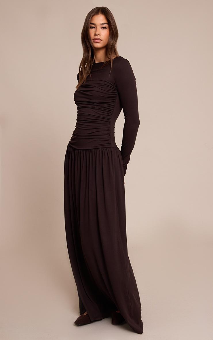 Pretty Little Thing Brown Soft Touch Jersey Ruched Long Sleeve Maxi Dress