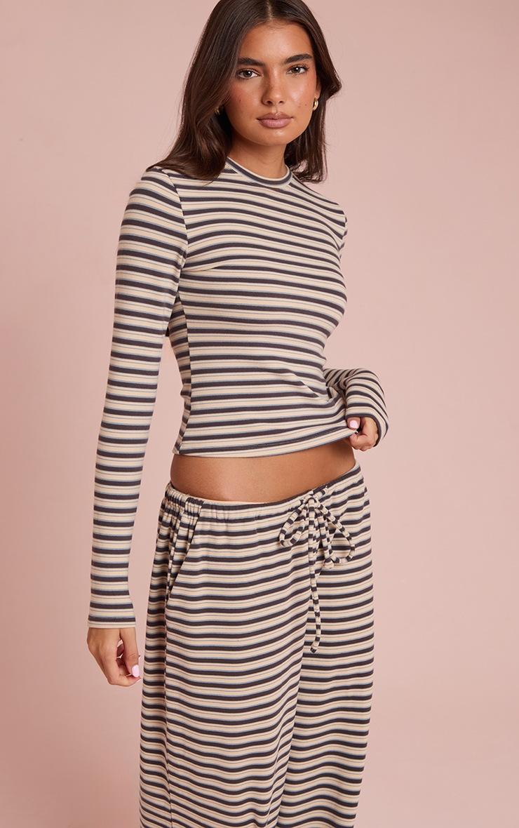Pretty Little Thing Brown Striped Soft Fleece Long Sleeve Top