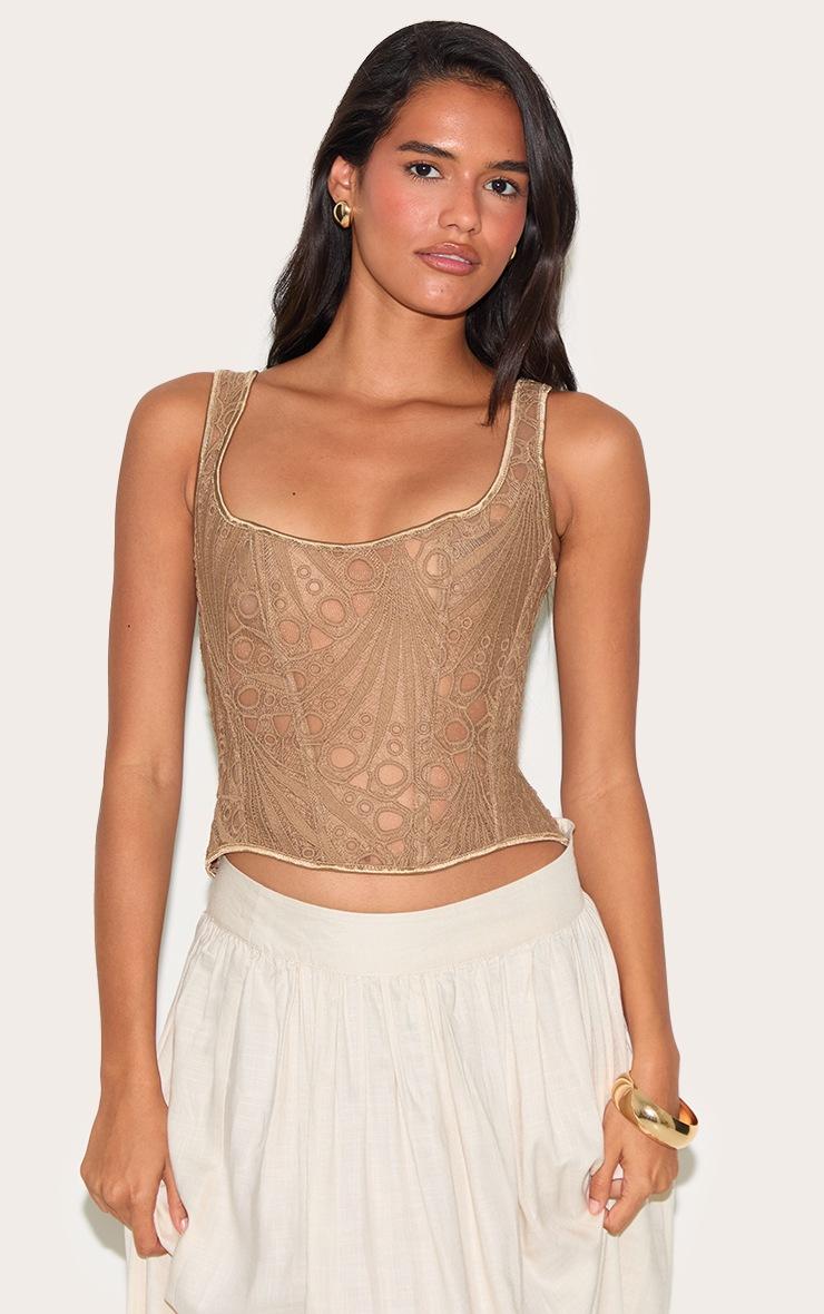 Pretty Little Thing Brown Textured Sheer Floral Square Neck Corset