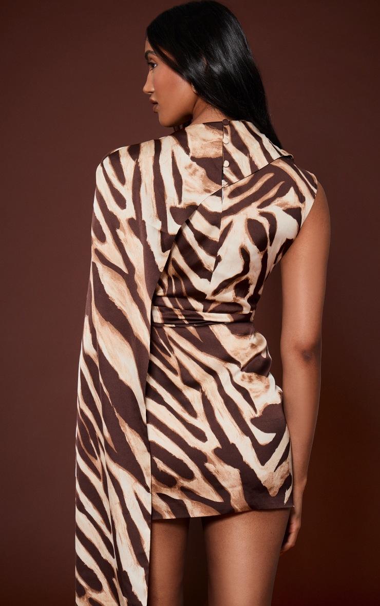 Pretty Little Thing Brown Zebra Print Drape Detail Bodycon Mini Dress