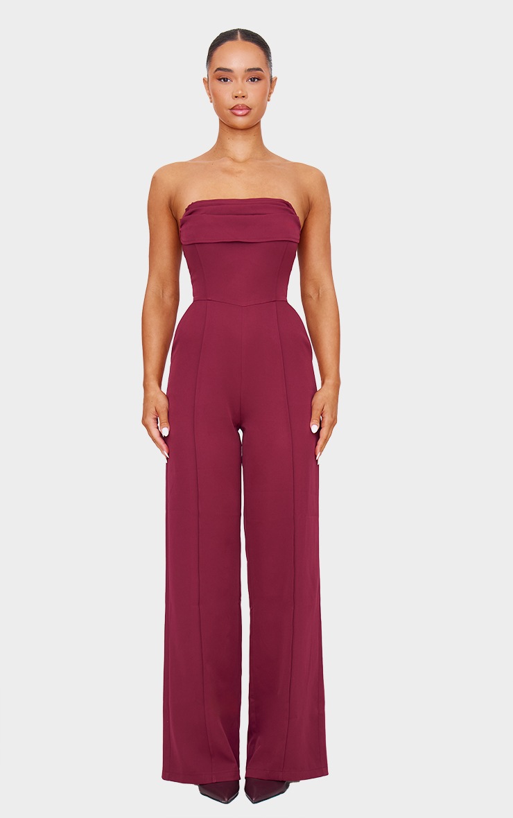 Pretty Little Thing Burgundy Bandeau Cowl Neck Pocket Detailed Jumpsuit