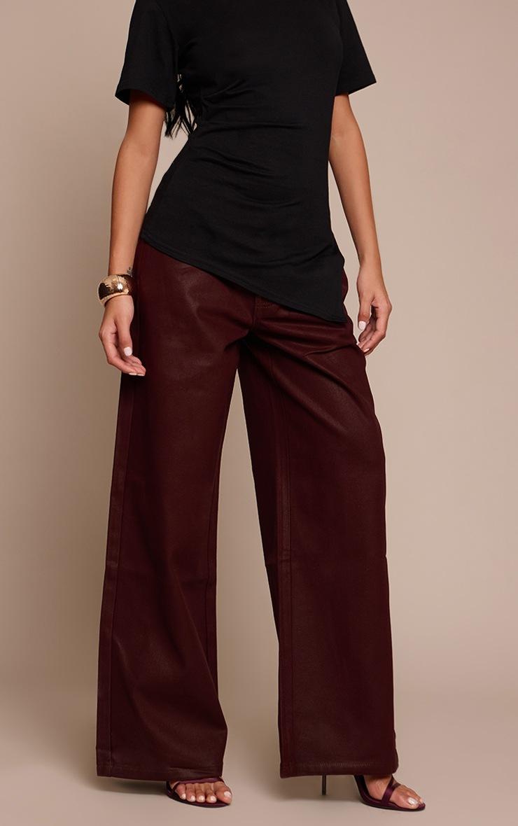 Pretty Little Thing Burgundy Coated Effect Wide Leg Jean