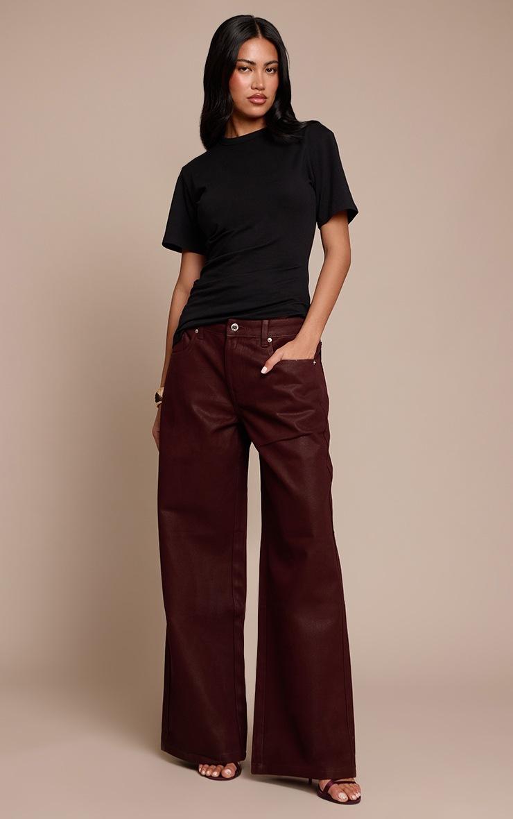 Pretty Little Thing Burgundy Coated Effect Wide Leg Jean