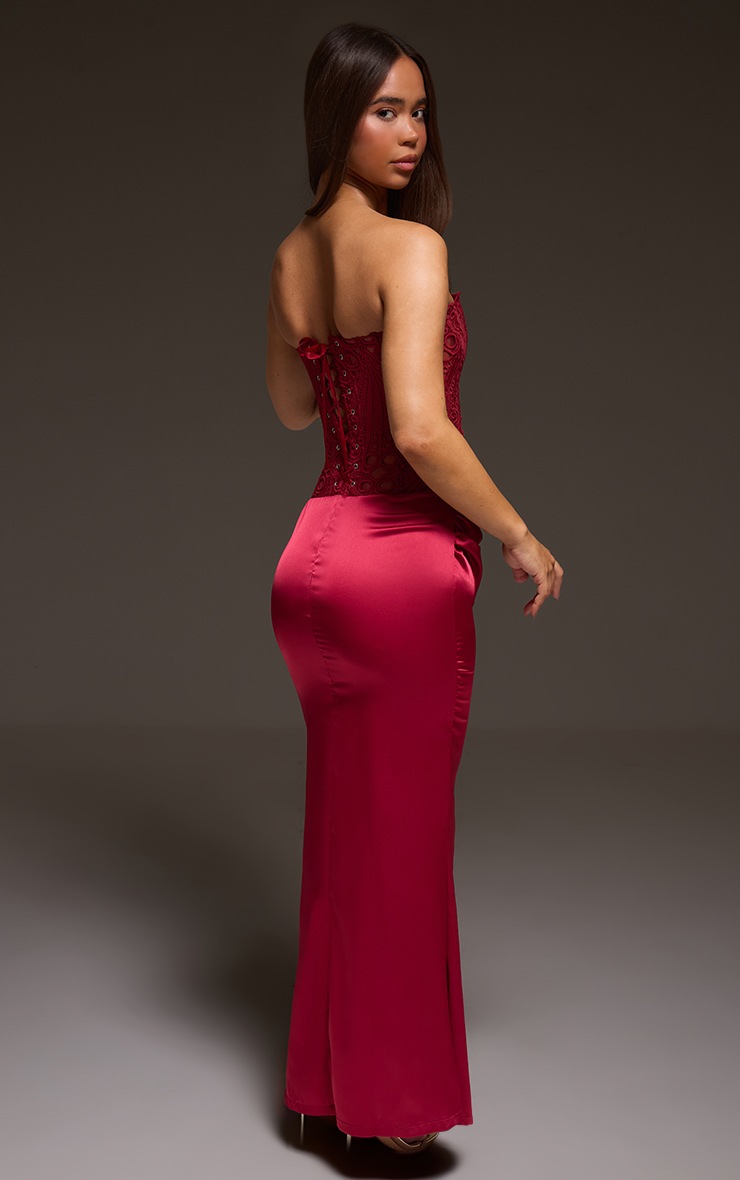 Pretty Little Thing Burgundy Corset Detail Satin Ruched Maxi Dress