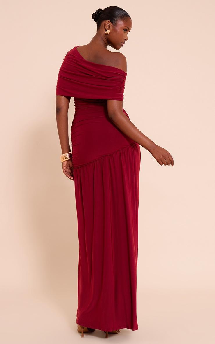 Pretty Little Thing Burgundy Double Layer Slinky Bardot One Shoulder Ruched Maxi Dress