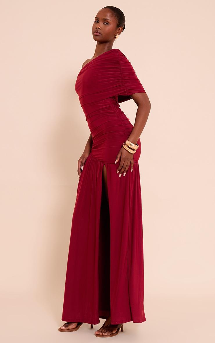 Pretty Little Thing Burgundy Double Layer Slinky Bardot One Shoulder Ruched Maxi Dress