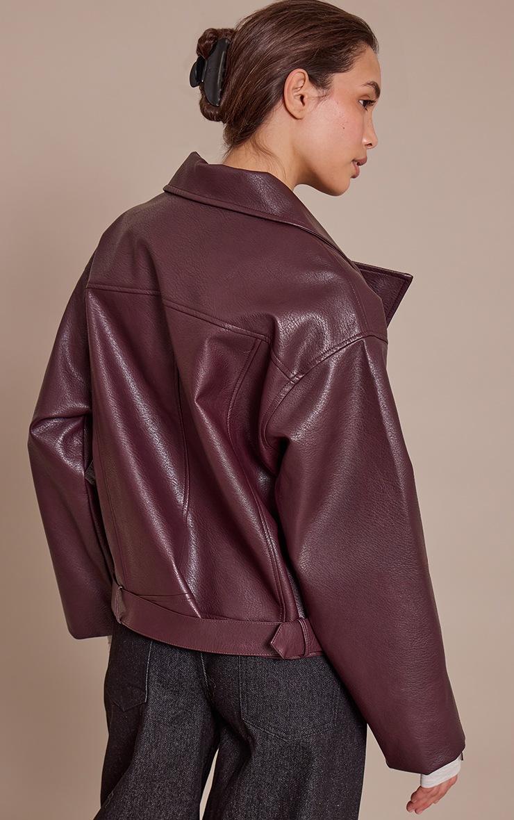 Pretty Little Thing Burgundy Faux Leather Oversized Biker Jacket