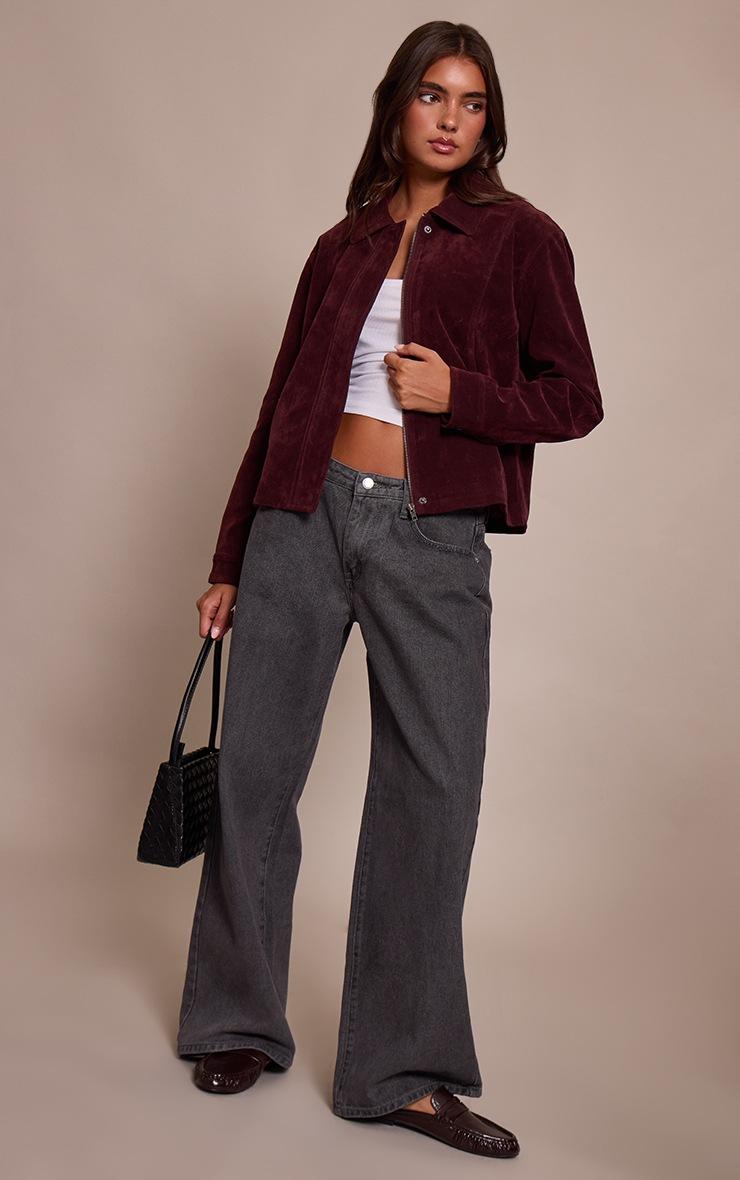 Pretty Little Thing Burgundy Faux Suede Concealed Placket Bomber Jacket