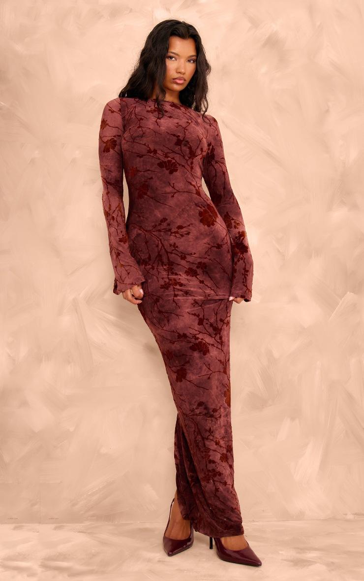 Pretty Little Thing Burgundy Floral Devore Long Sleeve Maxi Dress