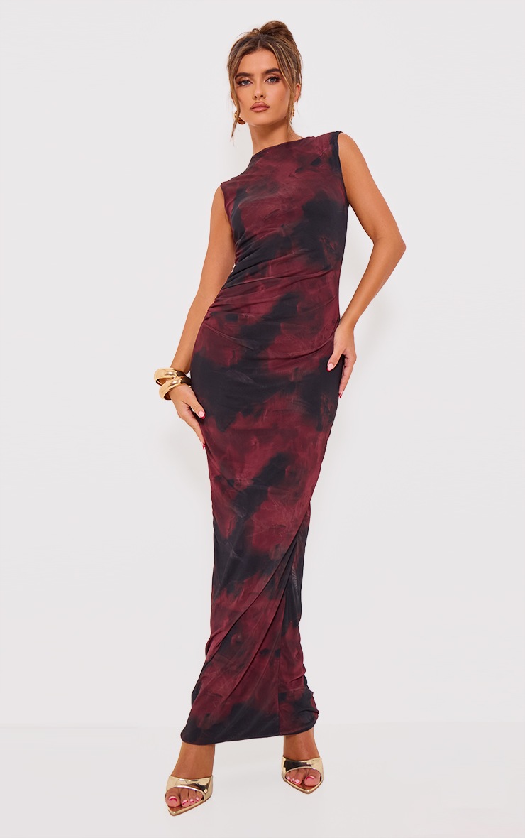 Pretty Little Thing Burgundy Floral Print Mesh Maxi Dress