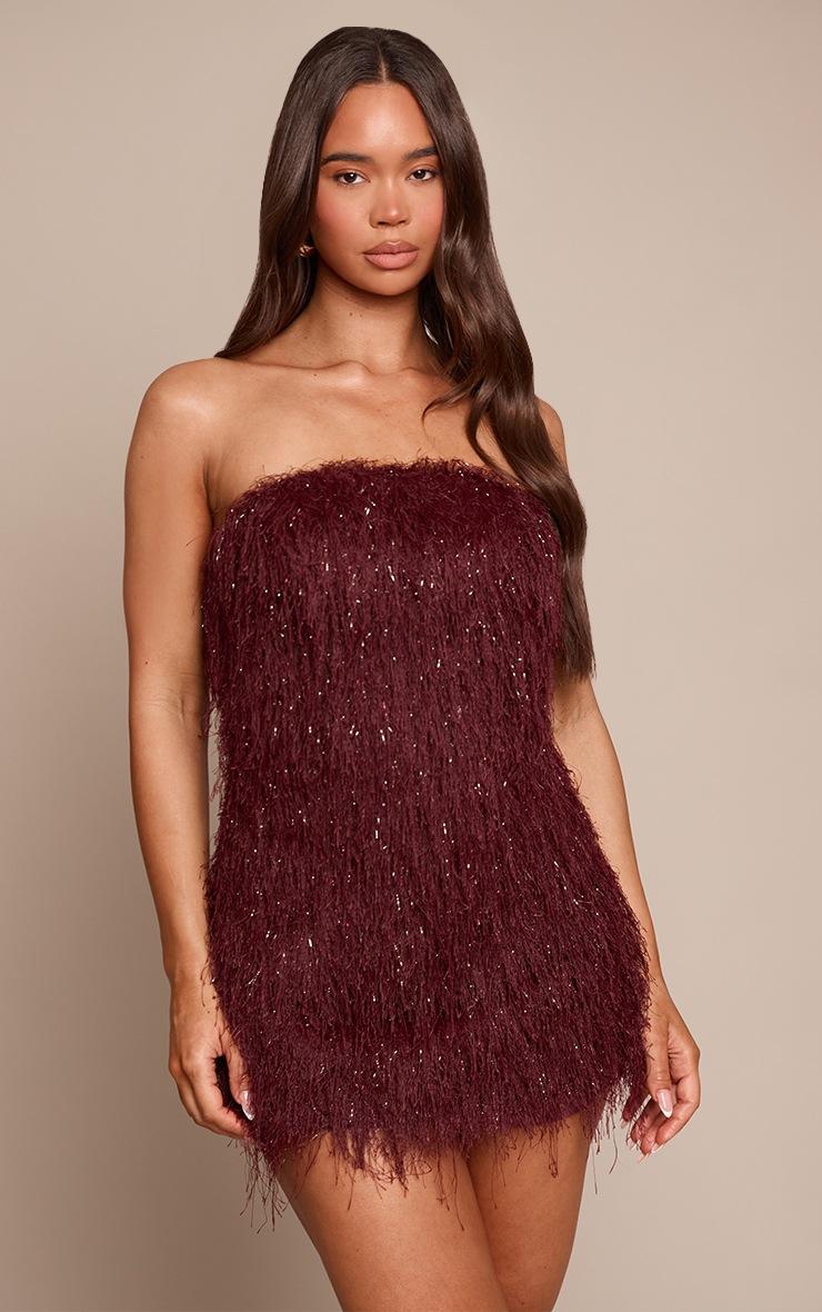 Pretty Little Thing Burgundy Glitter Fringe Bandeau Bodycon Dress