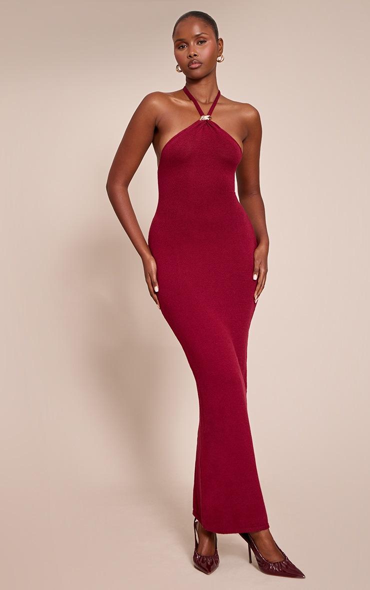 Pretty Little Thing Burgundy Halterneck Trim Detail Maxi Dress