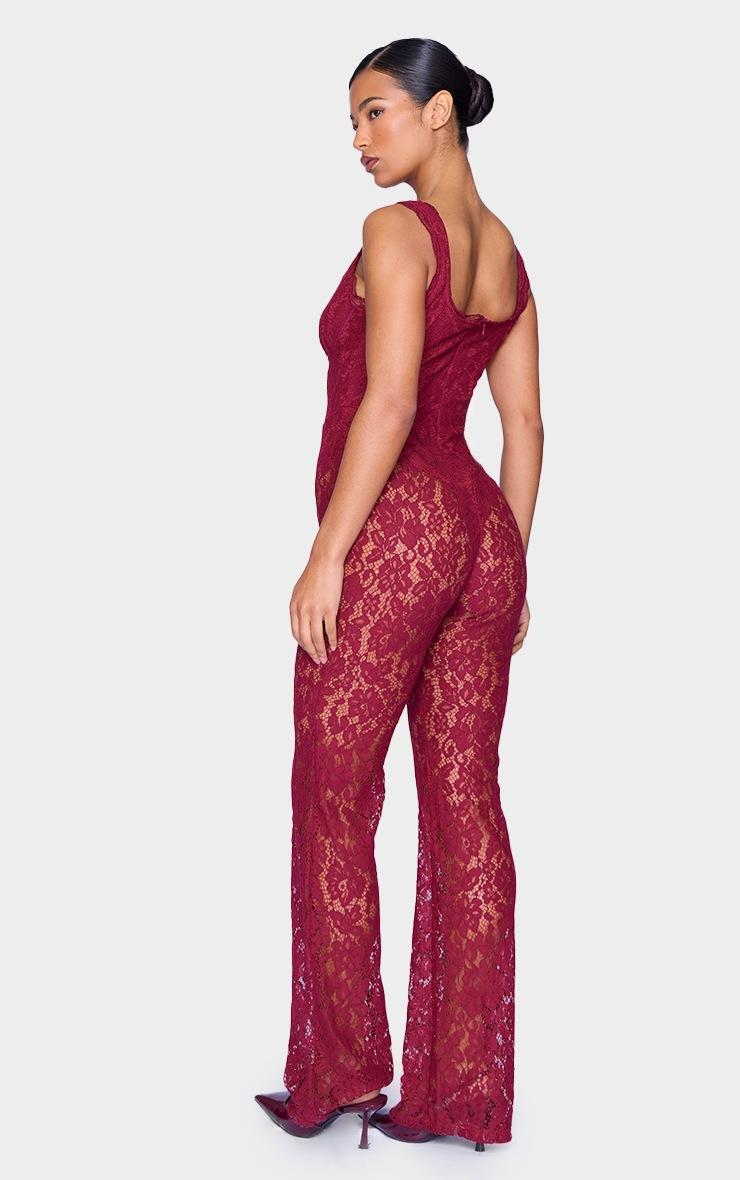 Pretty Little Thing Burgundy Lace Boning Detail Strappy Flared Jumpsuit
