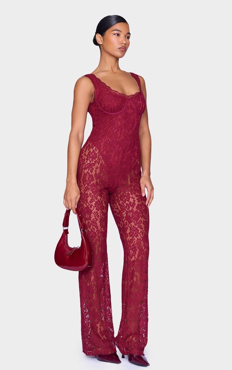 Pretty Little Thing Burgundy Lace Boning Detail Strappy Flared Jumpsuit