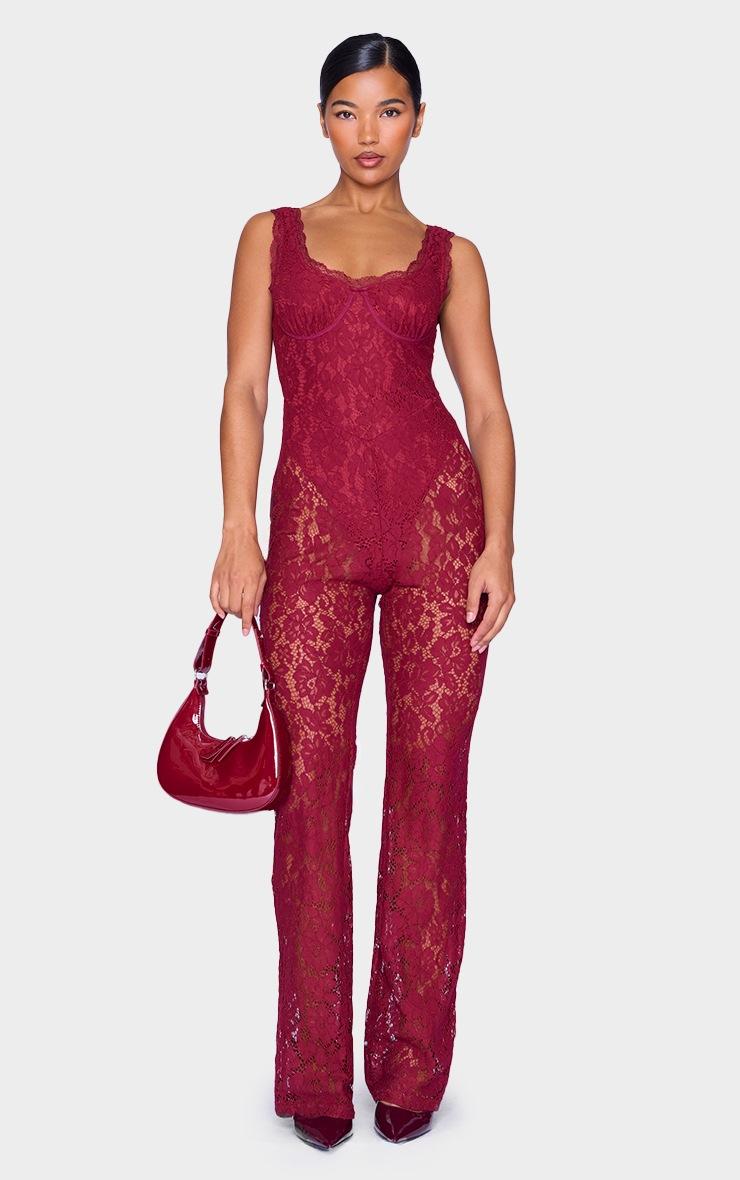 Pretty Little Thing Burgundy Lace Boning Detail Strappy Flared Jumpsuit Pretty Little Thing Burgundy Lace Boning Detail Strappy Flared Jumpsuit