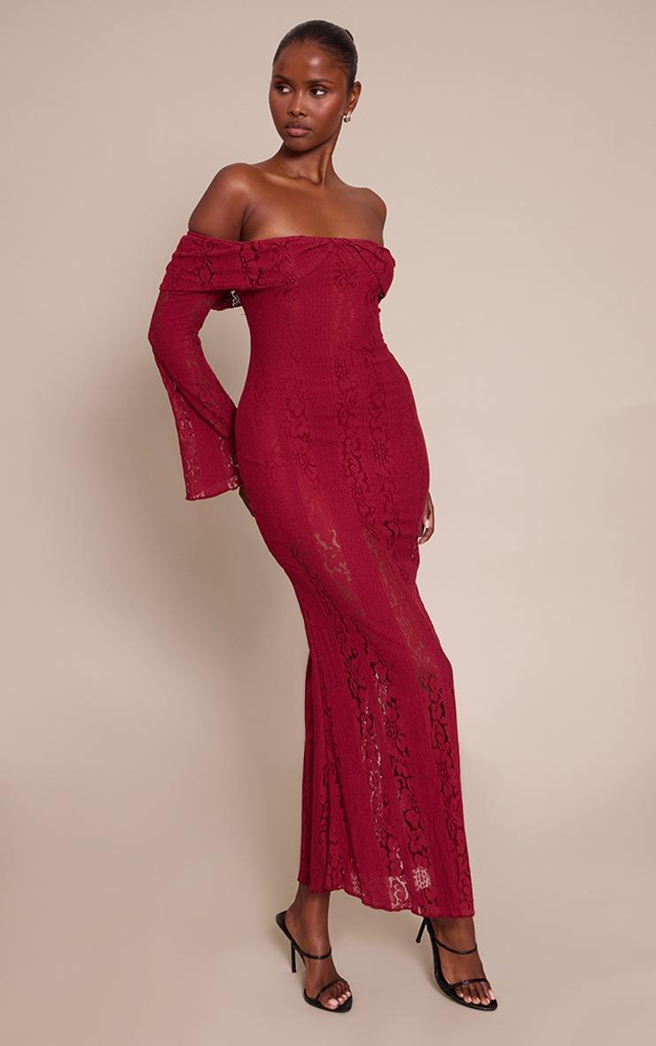 Pretty Little Thing Burgundy Lace Fold Over Bandeau Maxi Dress