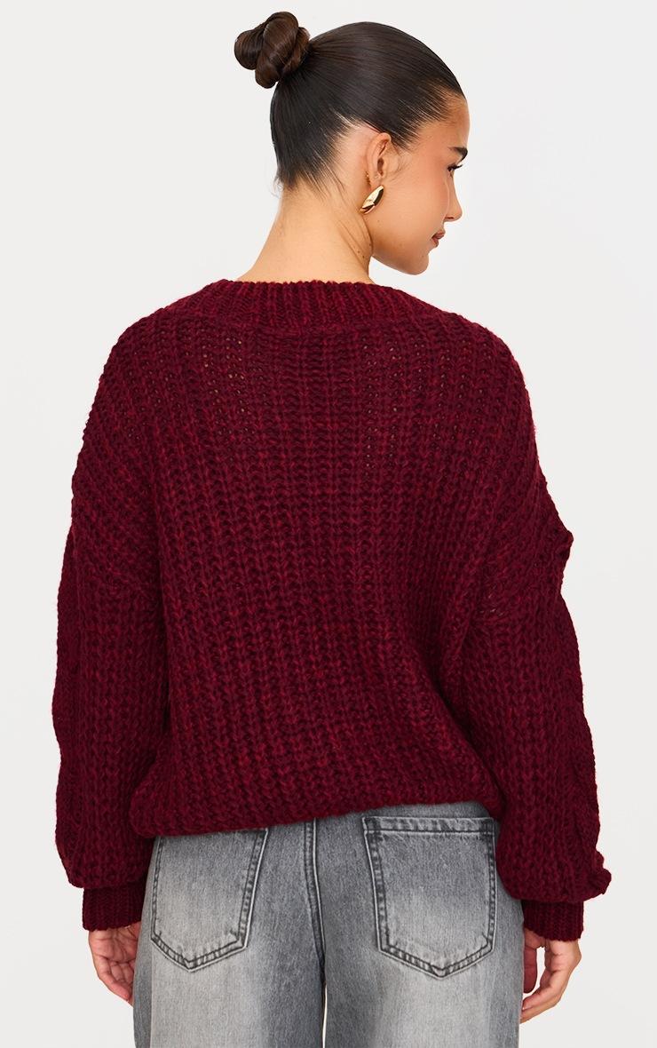 Pretty Little Thing Burgundy Marl Knit Distressed Detail Chunky Cable Sweater