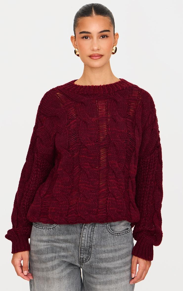 Pretty Little Thing Burgundy Marl Knit Distressed Detail Chunky Cable Sweater