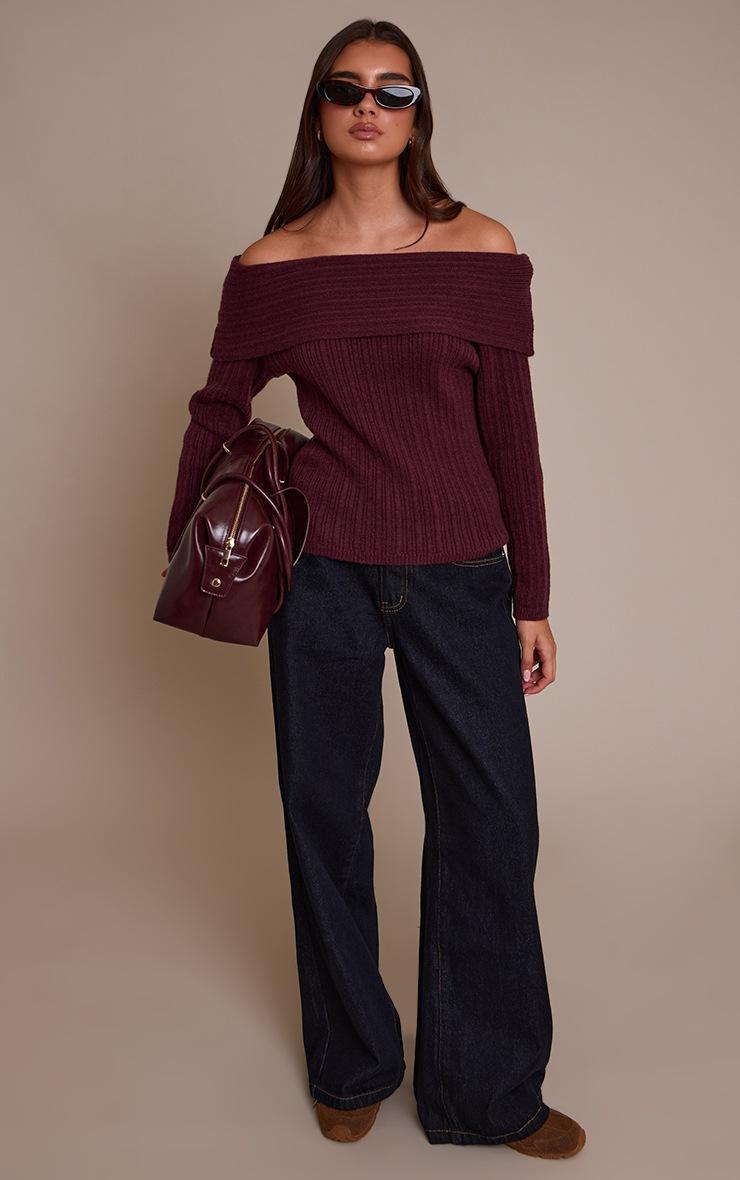 Pretty Little Thing Burgundy Off The Shoulder Knit Long Sleeve Top