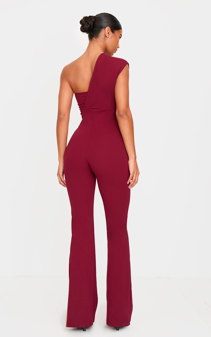 Pretty Little Thing Burgundy One Shoulder Drape Detailed Jumpsuit